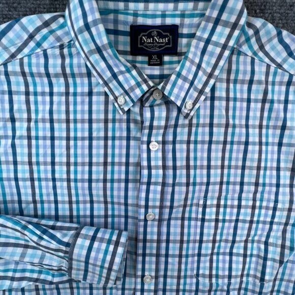 Nat Nast Button Up Shirt Blue White Check Size XL Men Adult Long Sleeve - Picture 1 of 16